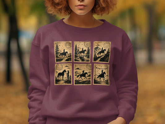 Maroon sweatshirt with a six-panel stamp design featuring horse and rider silhouettes.
