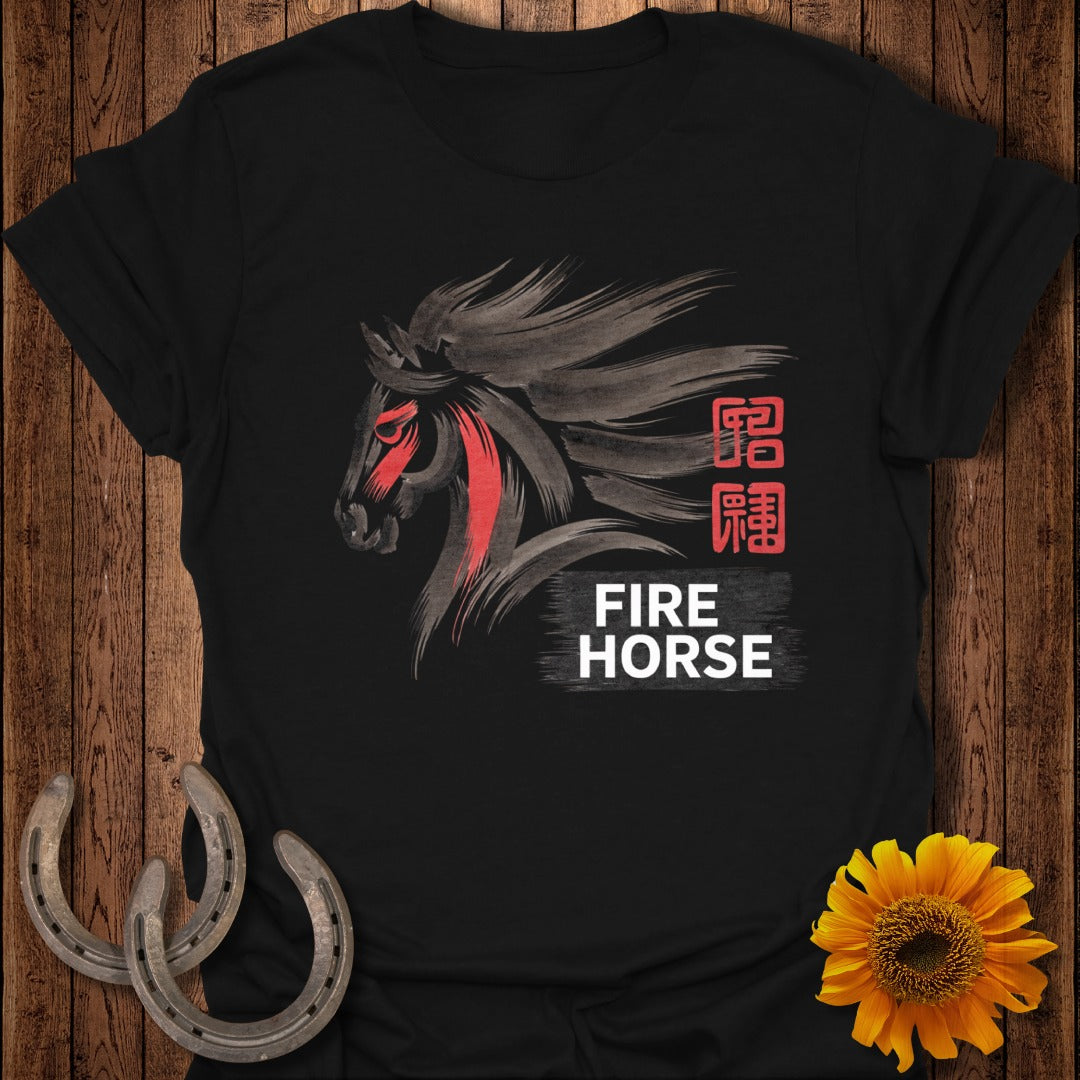 Black t-shirt with a stylized fire horse design and text.