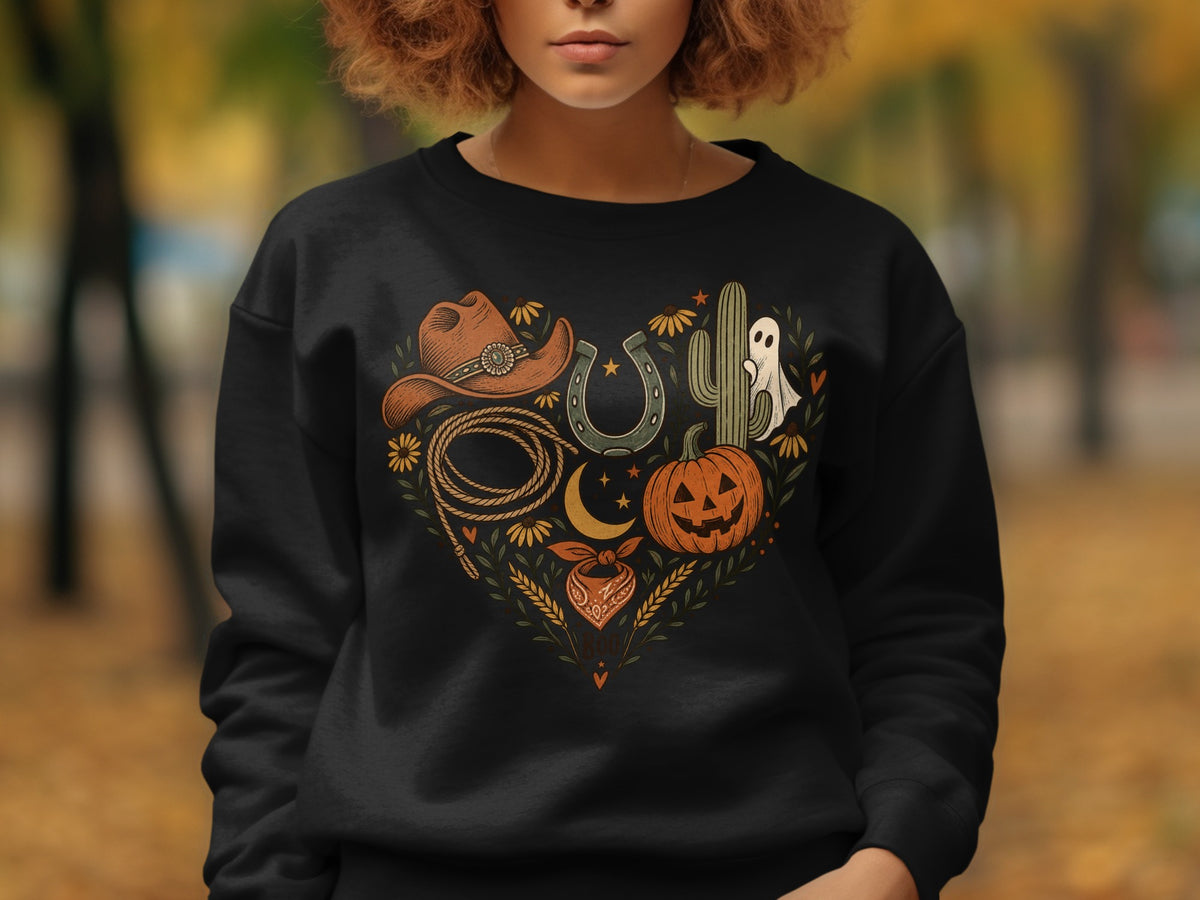 Black sweatshirt with heart-shaped Western and Halloween graphic featuring cowboy hat, cactus, and pumpkin.