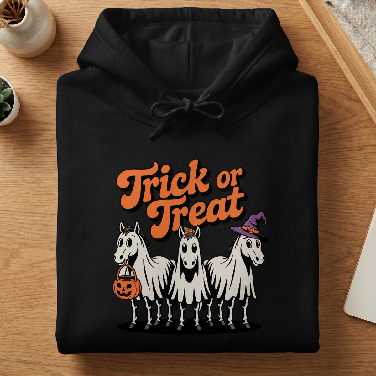 Black hoodie with "Trick or Treat" text and three horses dressed as ghosts.