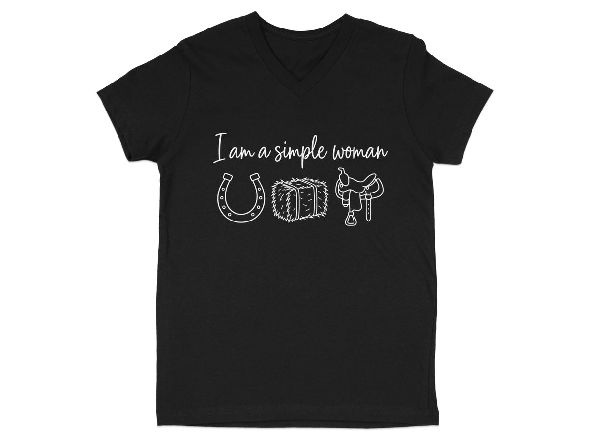 Black t-shirt with "I am a simple woman" and horseshoe, hay bale, saddle graphics.