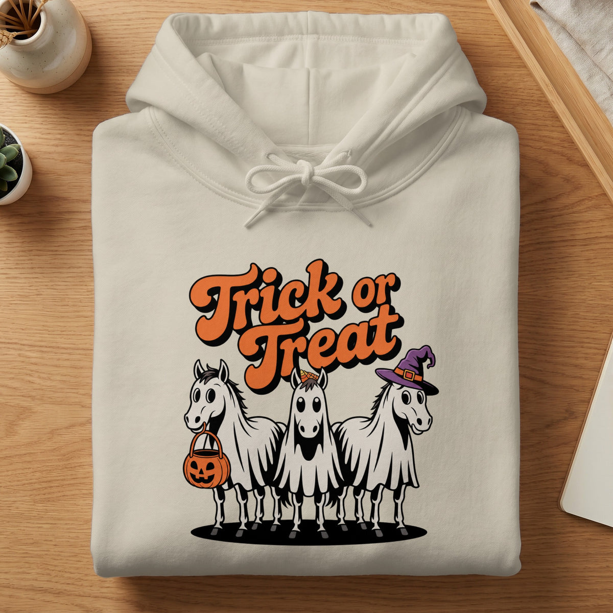 Cream hoodie with "Trick or Treat" text and three horses in Halloween costumes.