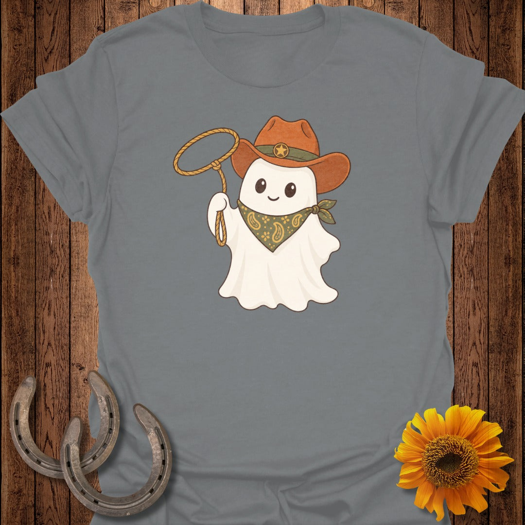 Ghost with cowboy hat, bandana, and lasso on a gray t-shirt.