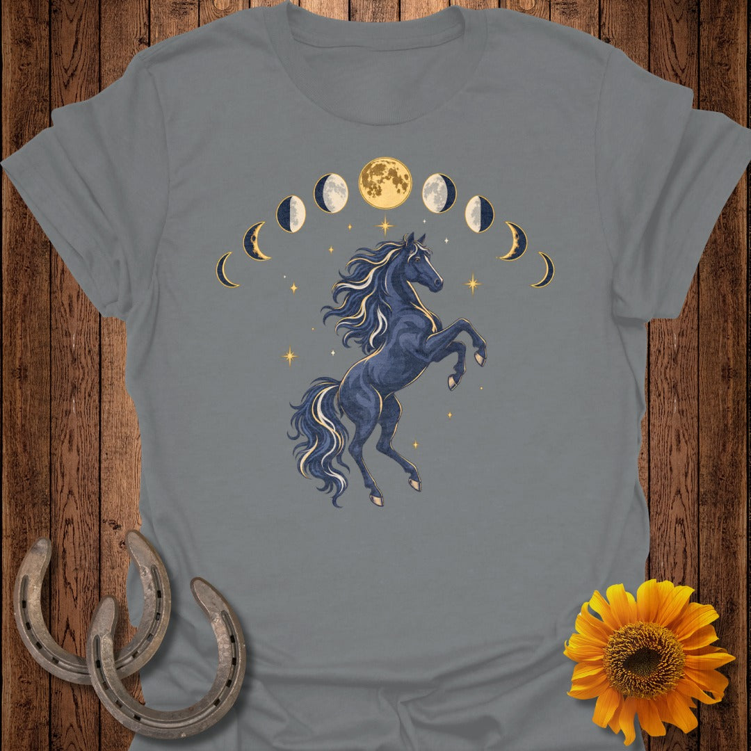 Dark horse rearing under moon phases and stars on a grey t-shirt.