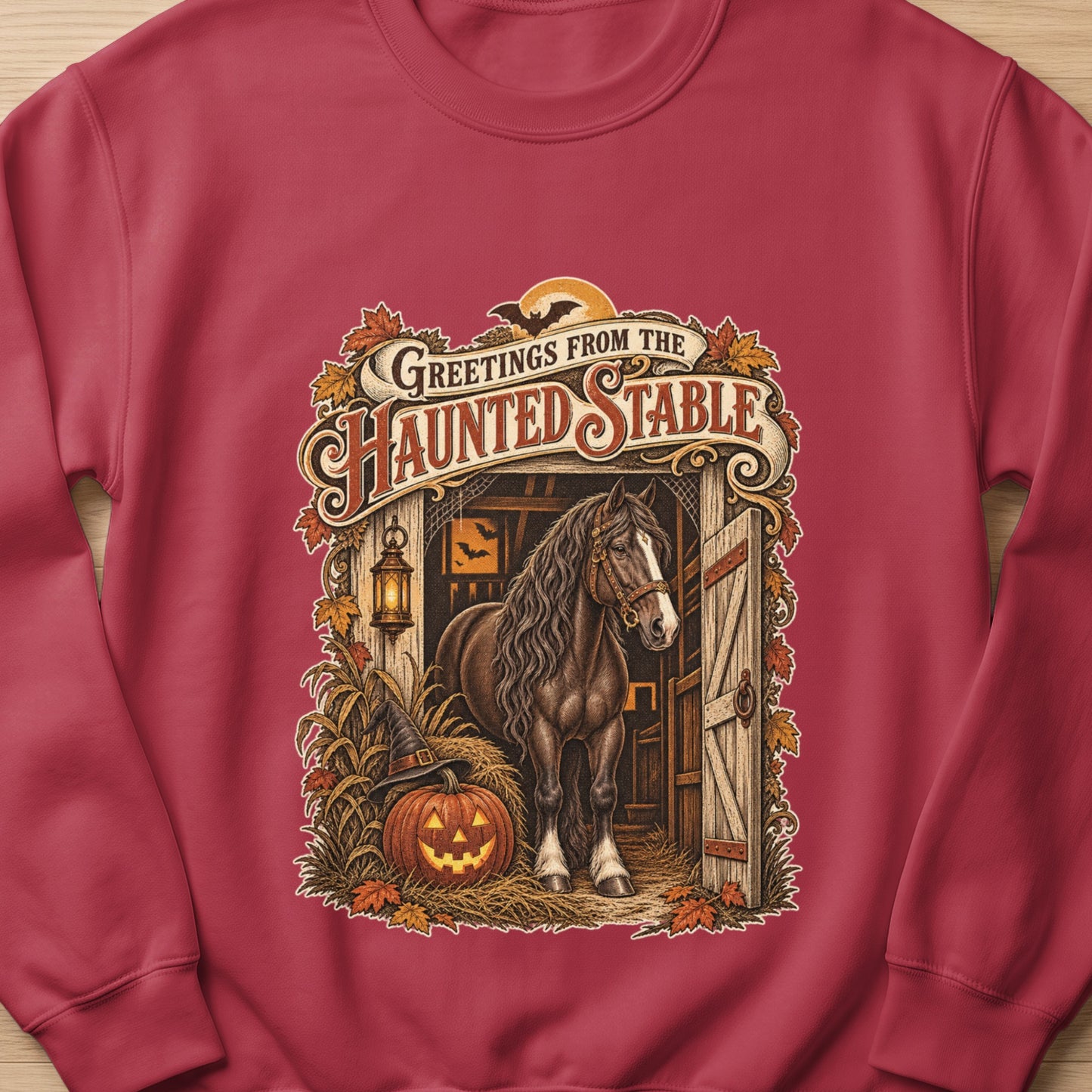 Haunted Stable graphic with horse, pumpkin, hat, and text "Greetings from the Haunted Stable".