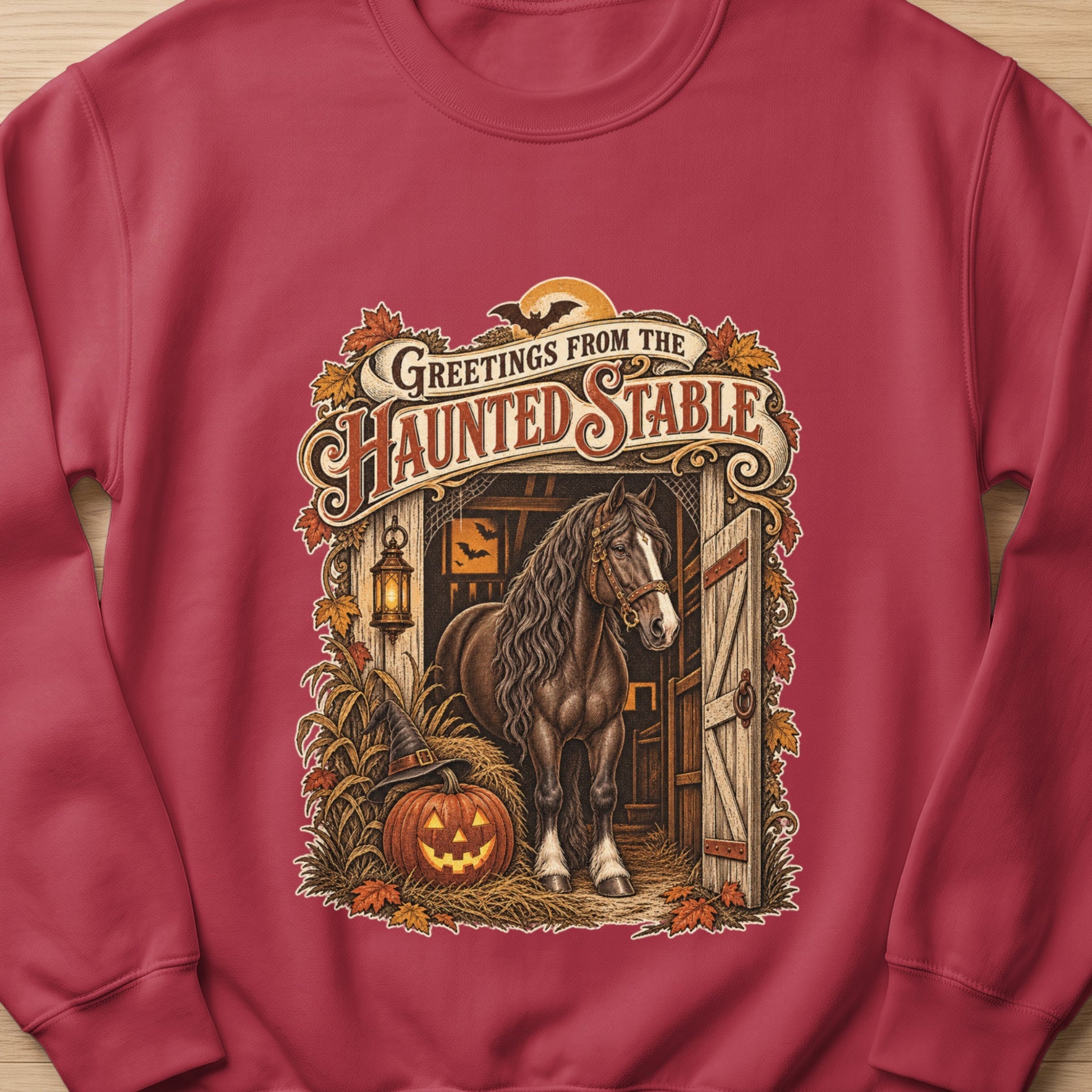 Haunted Stable graphic with horse, pumpkin, hat, and text "Greetings from the Haunted Stable".