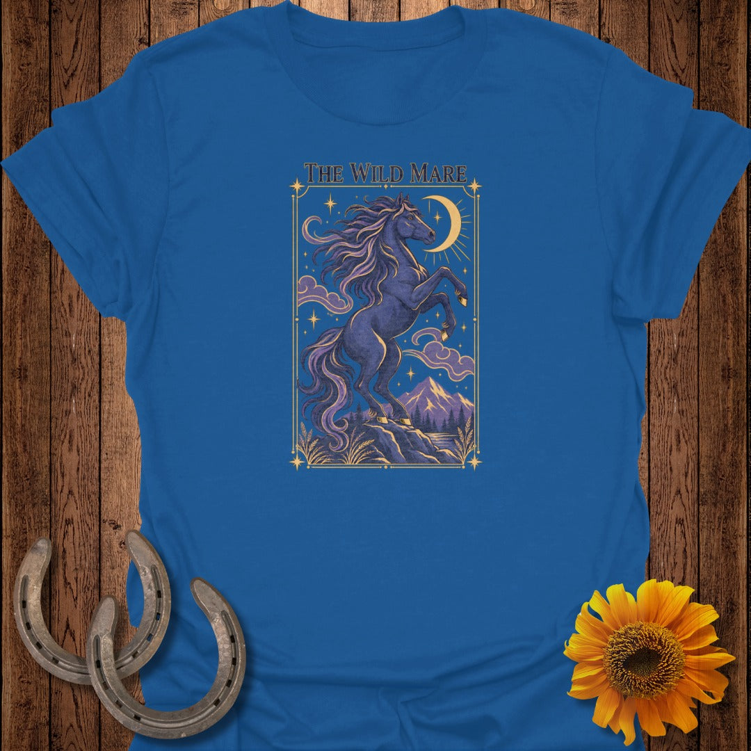 Dark blue t-shirt with "The Wild Mare" text and a rearing horse illustration under a moon.