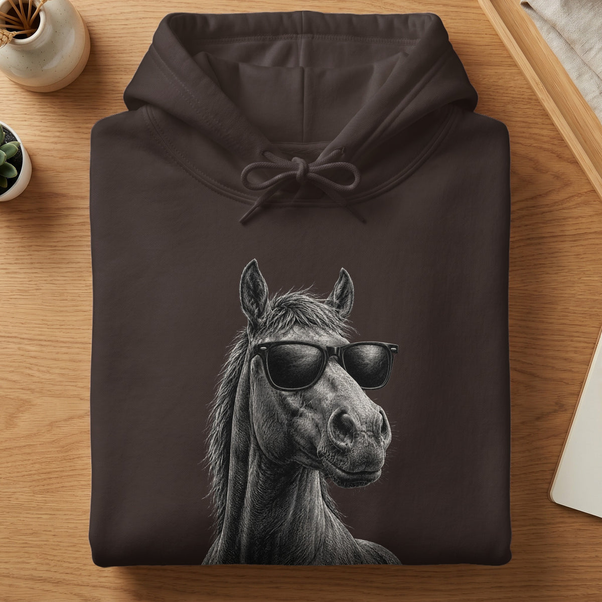 Dark brown hoodie with a sketch of a horse wearing sunglasses.
