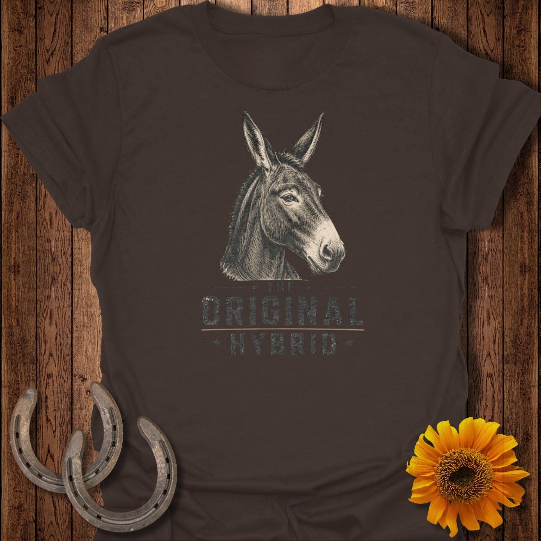 Brown t-shirt with a vintage donkey head illustration and text "THE ORIGINAL HYBRID".