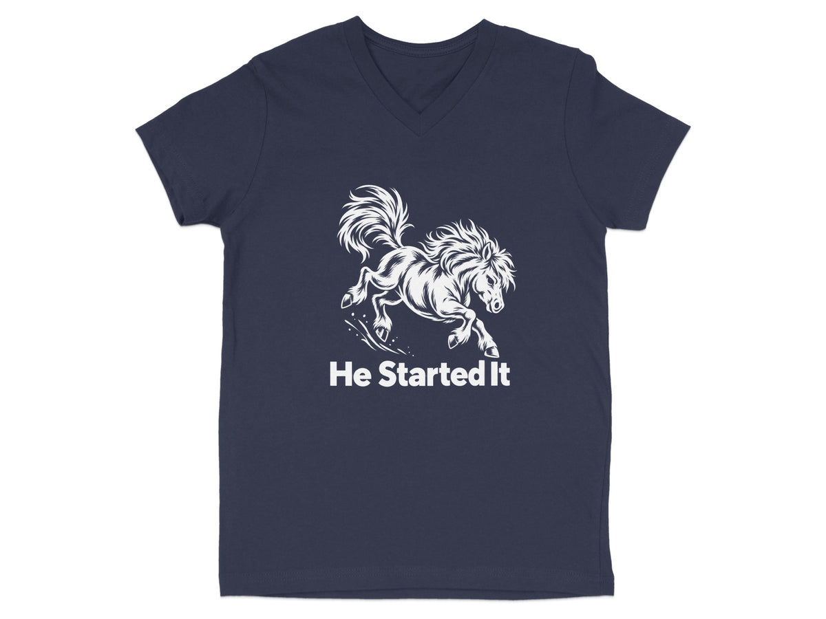 Dark blue V-neck t-shirt featuring a white graphic of a running horse and the text He Started It.