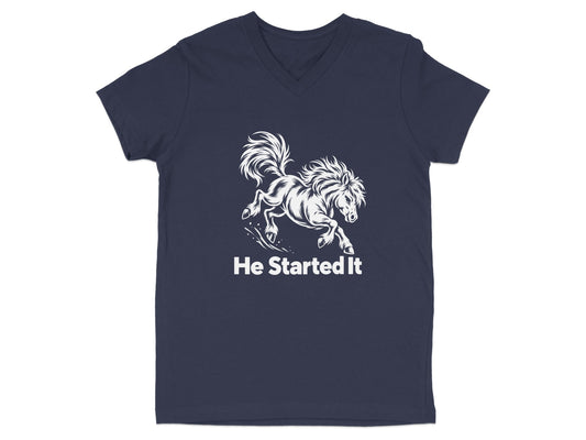Dark blue V-neck t-shirt featuring a white graphic of a running horse and the text He Started It.