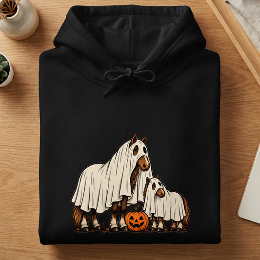 Black hoodie with two horses and a pumpkin dressed for Halloween.