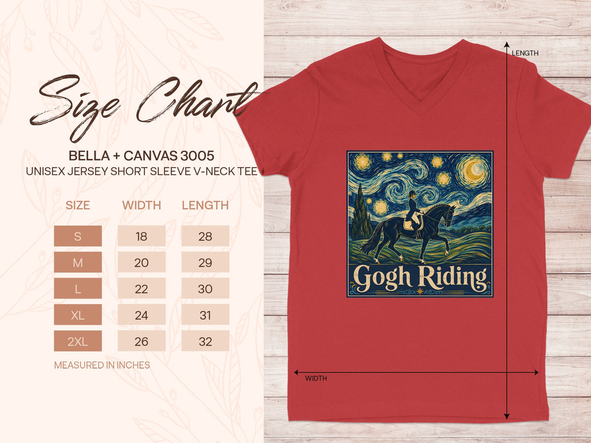 Red Bella + Canvas unisex v-neck tee with "Gogh Riding" graphic and size chart.