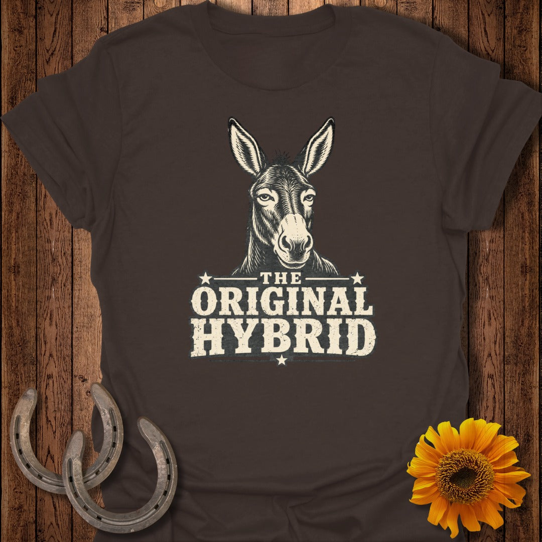 Dark brown t-shirt featuring a donkey's head with "The Original Hybrid" text.