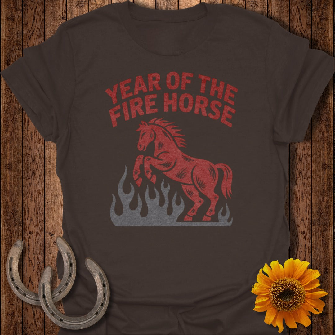 Dark brown t-shirt with red "Year of the Fire Horse" graphic and horse illustration.