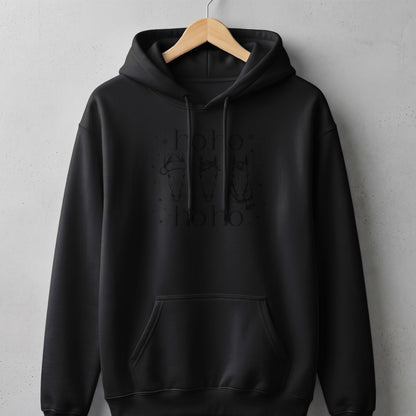 Black hoodie with "hoho" text and three horses wearing holiday accessories.