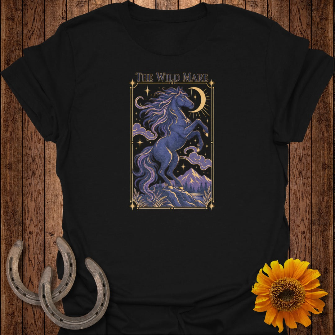 Black t-shirt with "The Wild Mare" graphic of a dark horse under a crescent moon.