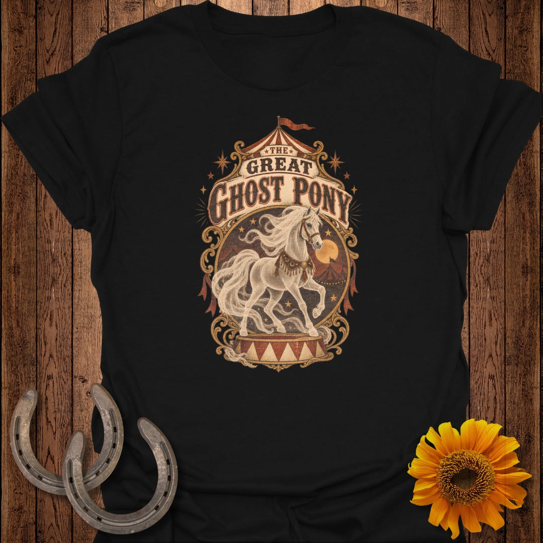 Black t-shirt with vintage "The Great Ghost Pony" circus-style graphic.
