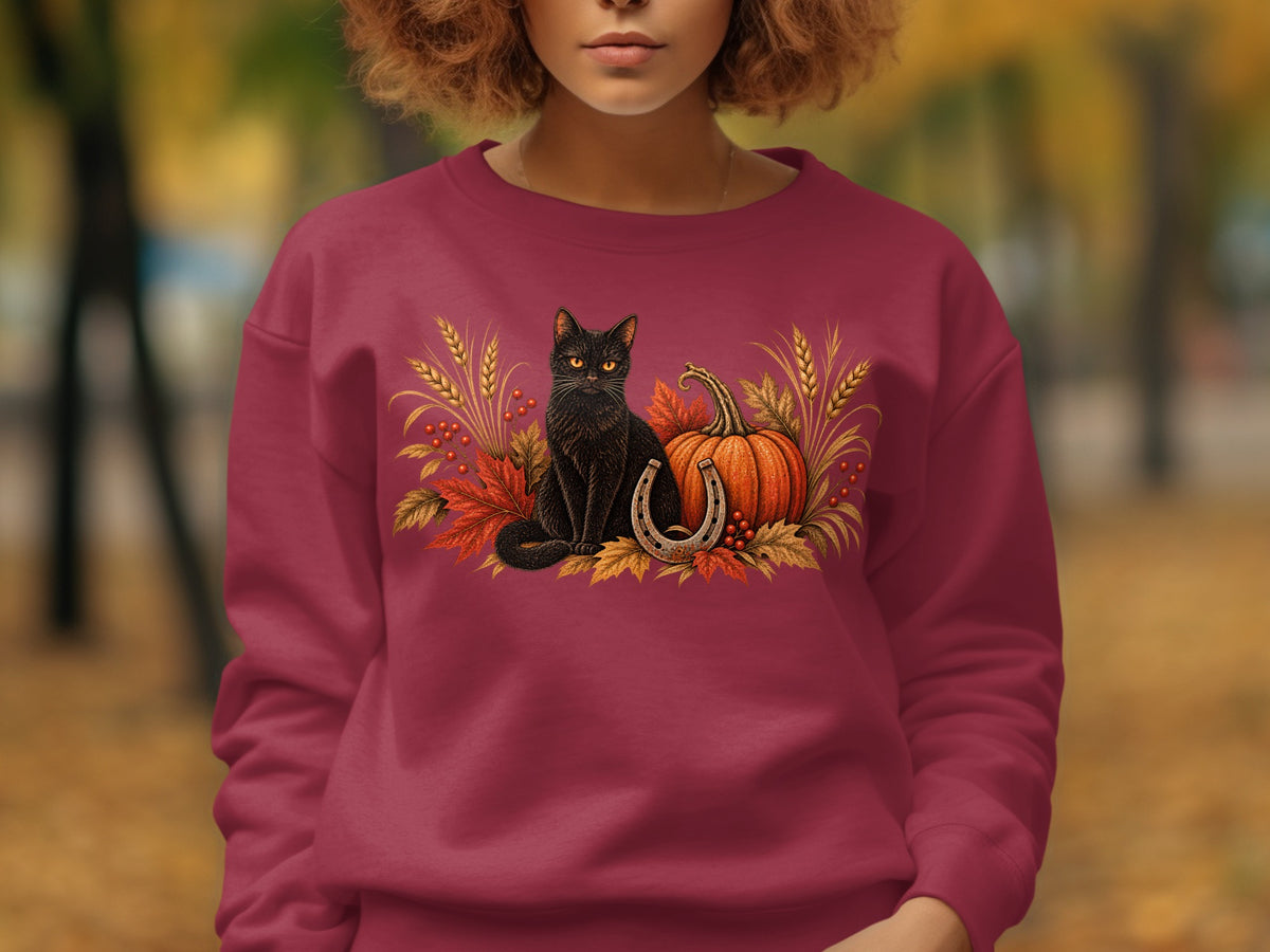 Black cat and pumpkin with fall leaves, wheat, and horseshoe graphic.