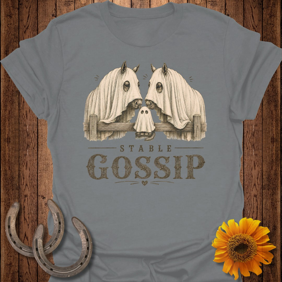 Two horses and a ghost wearing sheets over fence with "STABLE GOSSIP" text.