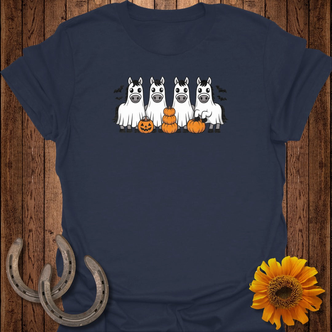 Four cartoon horses dressed as ghosts stand with pumpkins and bats.