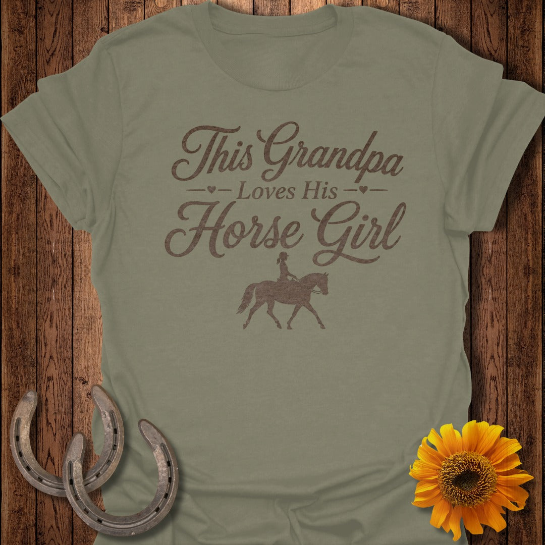 Green t-shirt with "This Grandpa Loves His Horse Girl" text and horse rider graphic.