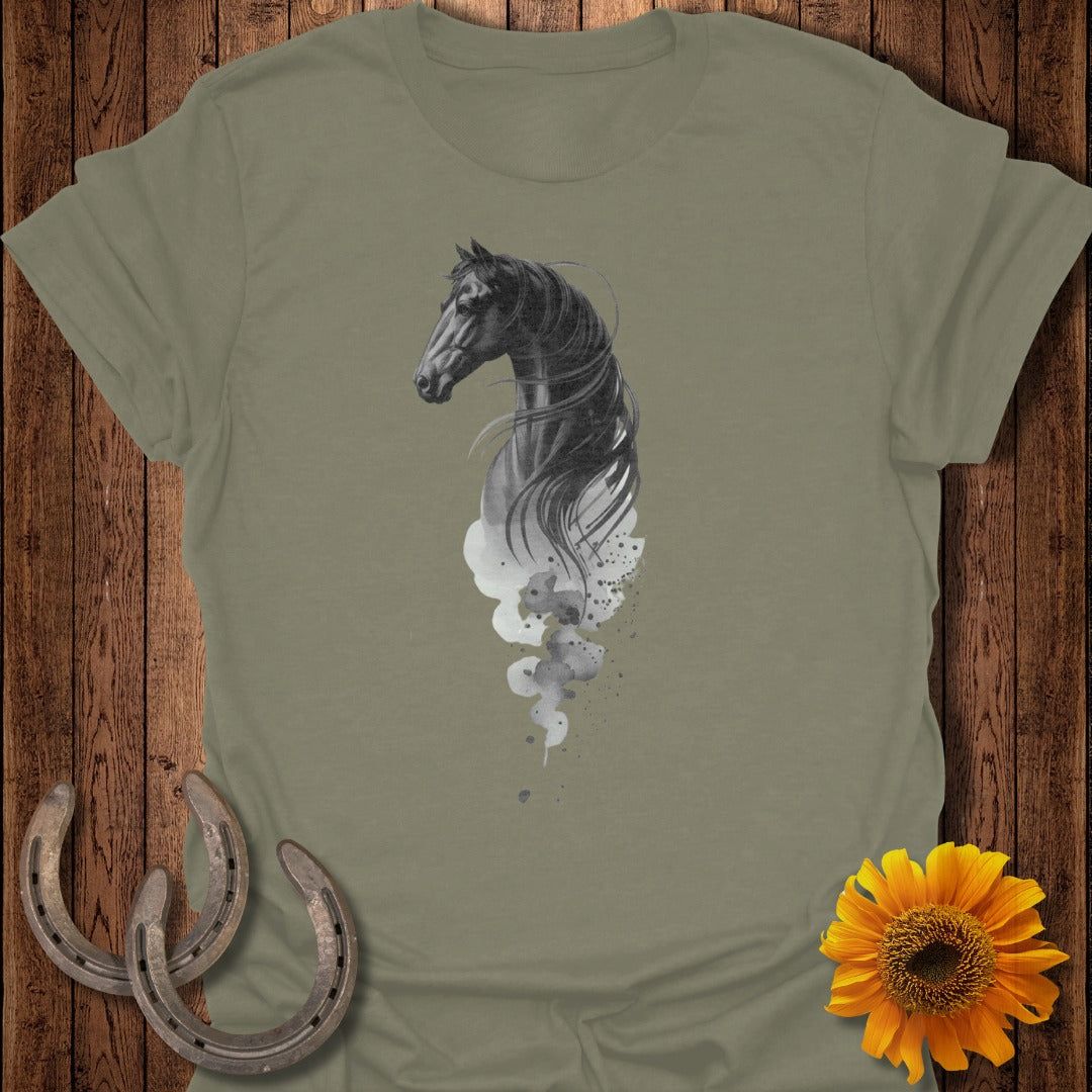 Black horse head with smoke design on a khaki t-shirt.