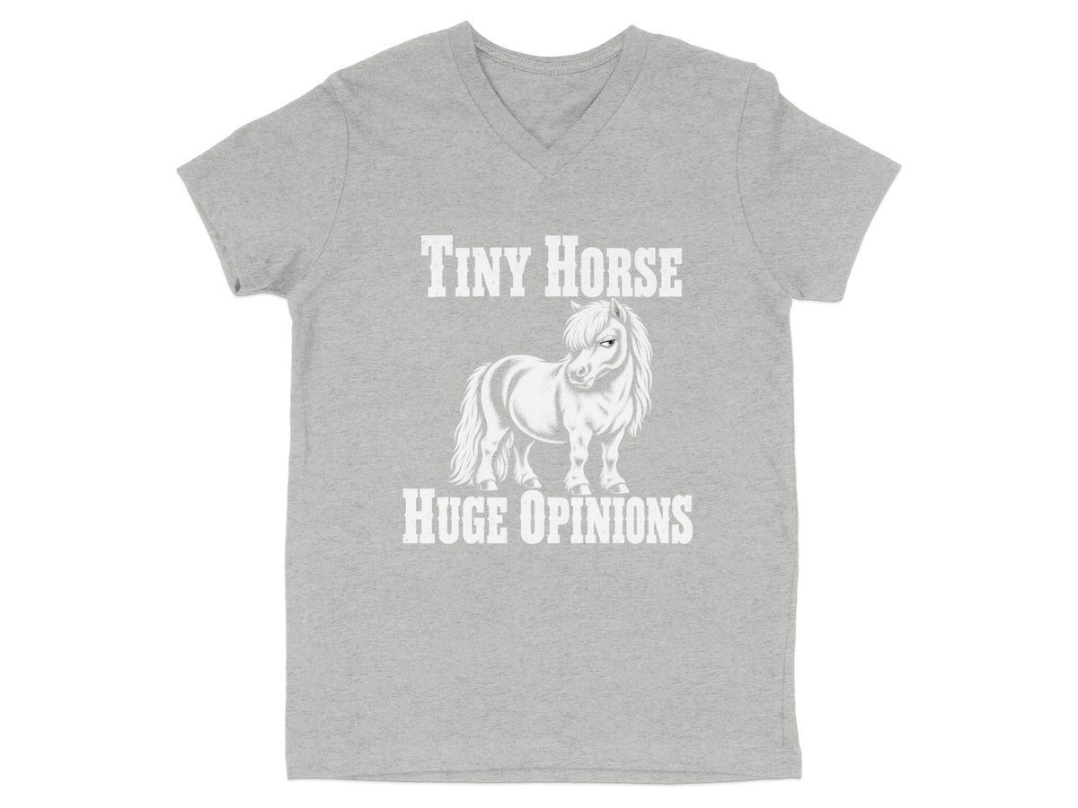 Heather grey v-neck t-shirt featuring a graphic of a small pony and the text Tiny Horse Huge Opinions.