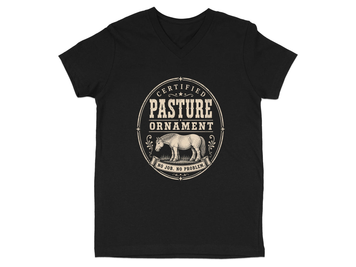 Black t-shirt with "Certified Pasture Ornament" and horse graphic.