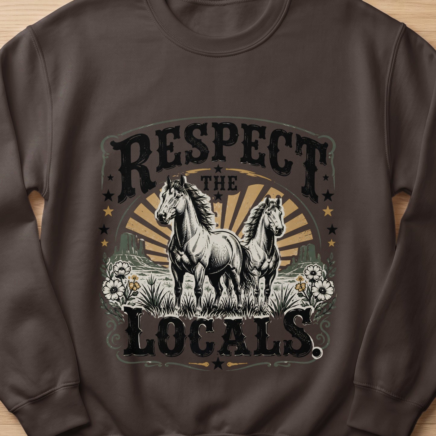 Two white horses stand in a field with text that reads "RESPECT THE LOCALS."