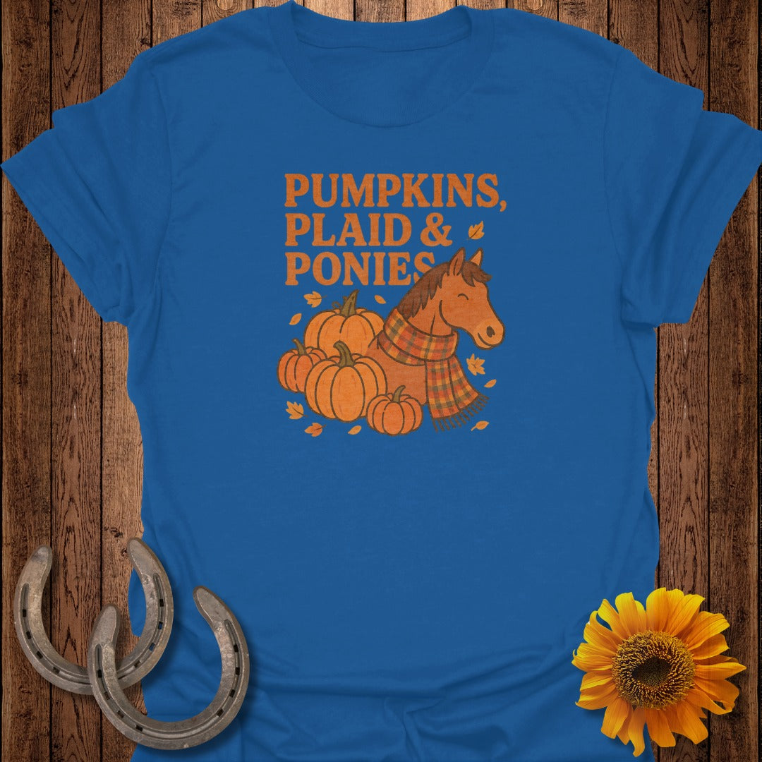 Blue t-shirt with "Pumpkins, Plaid & Ponies" text and illustration.