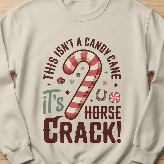 Sweatshirt with "THIS ISN'T A CANDY CANE IT'S HORSE CRACK!" text.