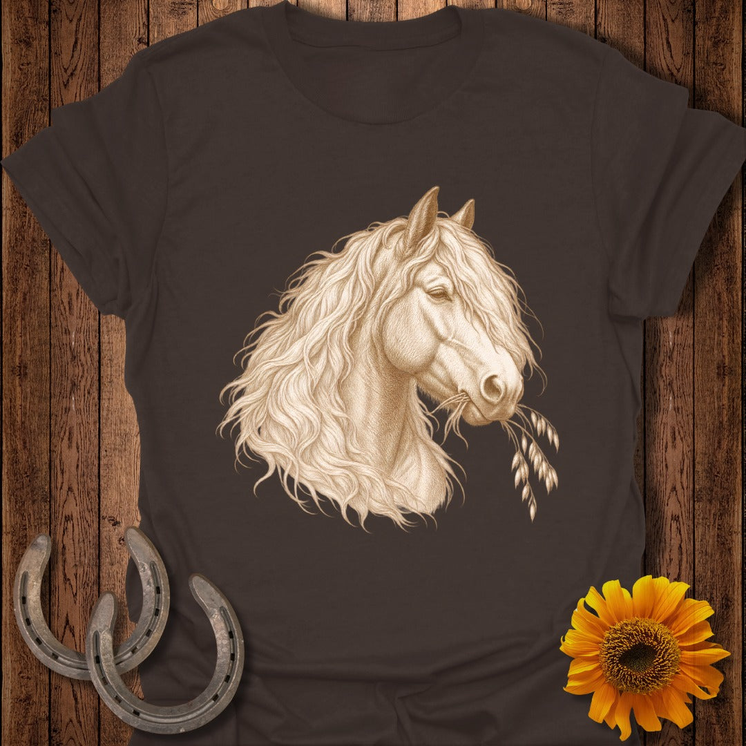 Detailed drawing of a light-maned horse head eating oats, on a dark t-shirt.