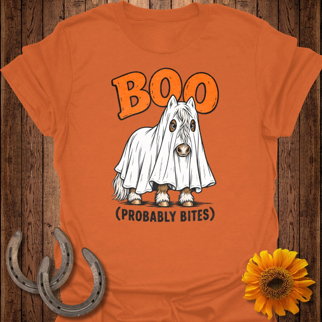 Orange t-shirt with a white horse wearing a ghost costume and text "BOO (PROBABLY BITES)".