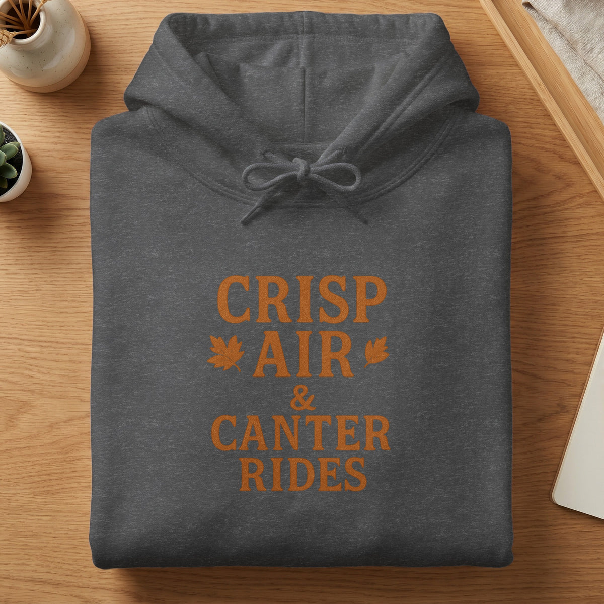 Dark grey hoodie with orange text: "CRISP AIR & CANTER RIDES"