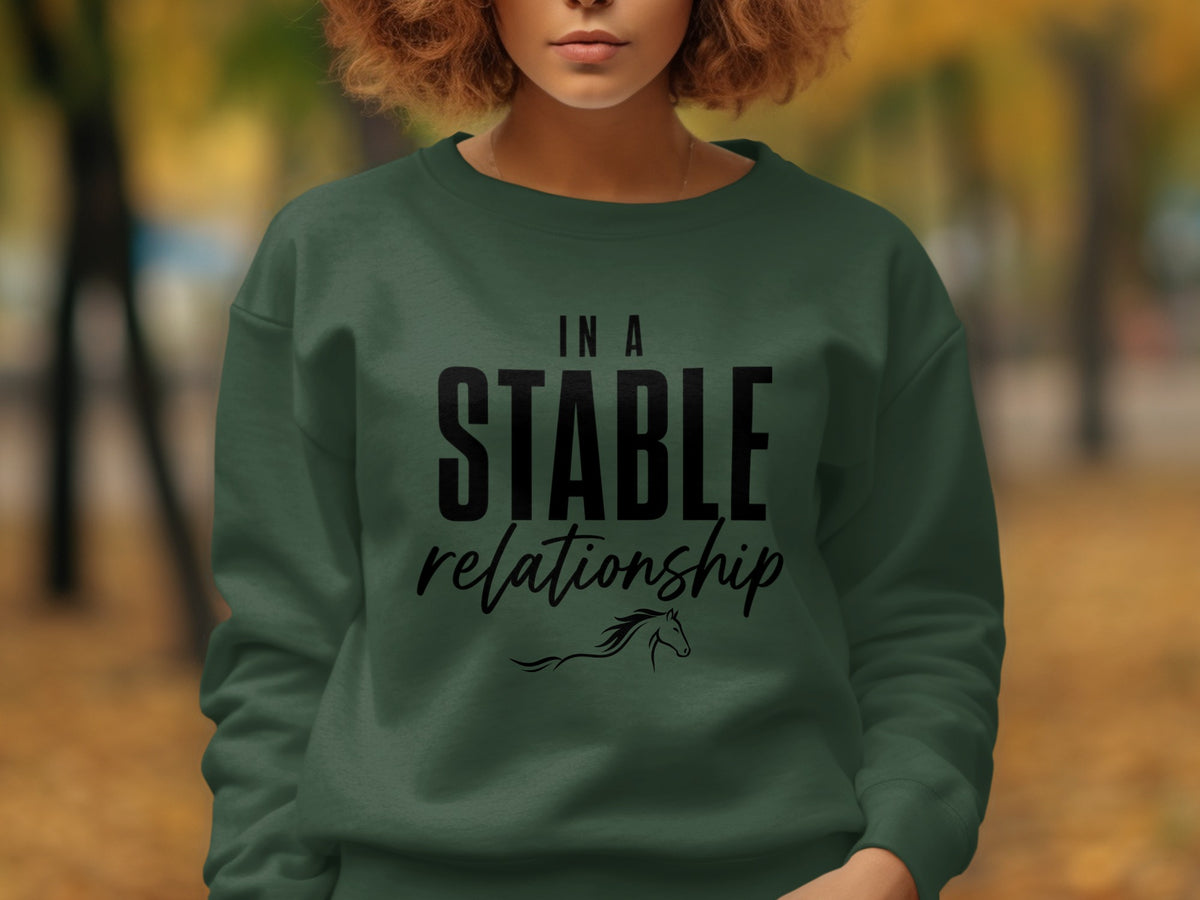 Green sweatshirt with text "IN A STABLE relationship" and a horse silhouette.