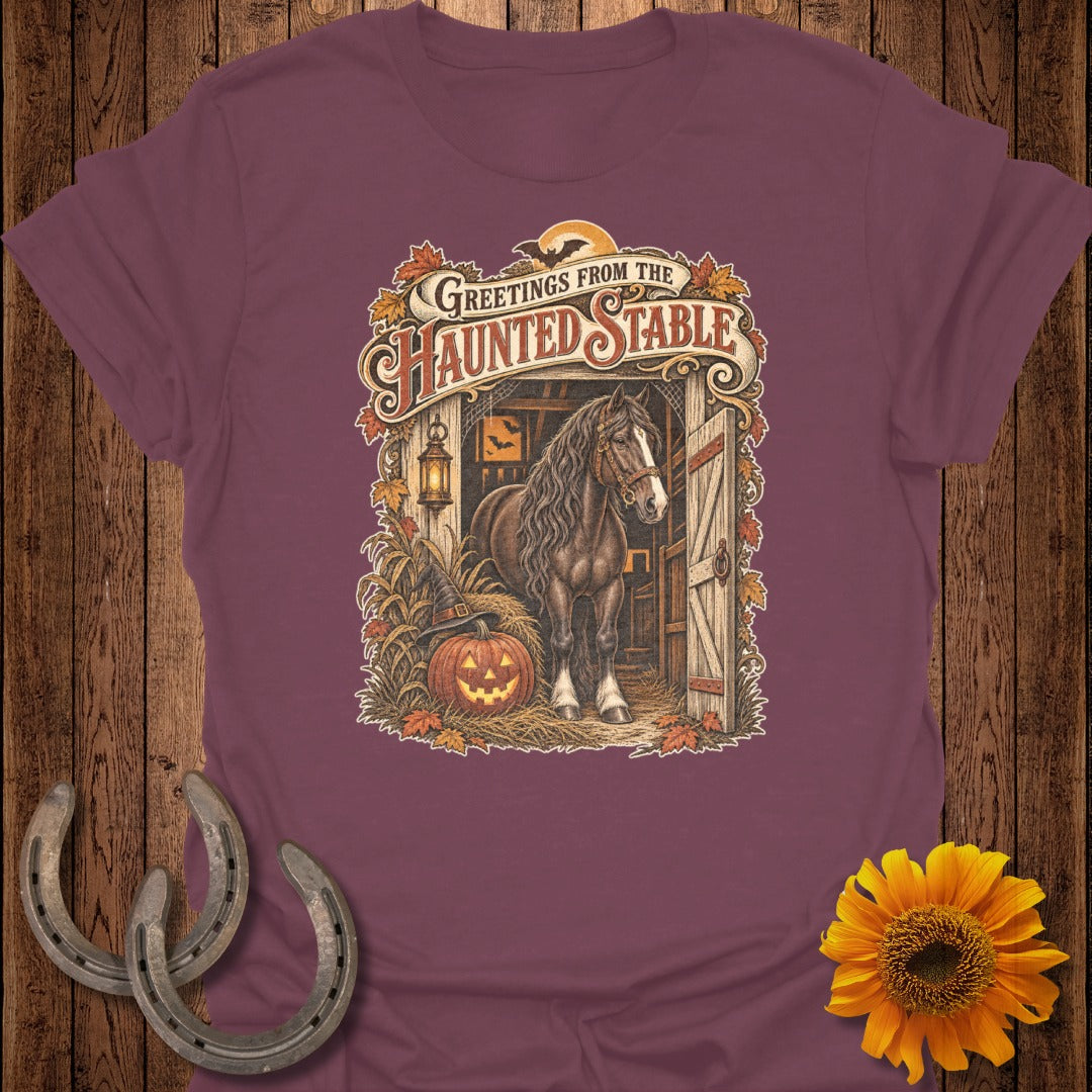 Horse in a haunted stable with pumpkin, witch hat, and Halloween decorations.