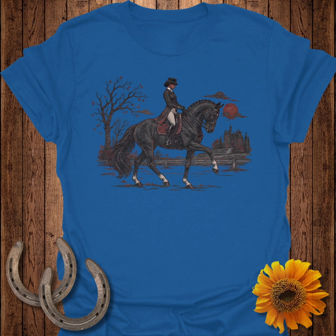 Illustration of rider on horseback before a castle under a red sun