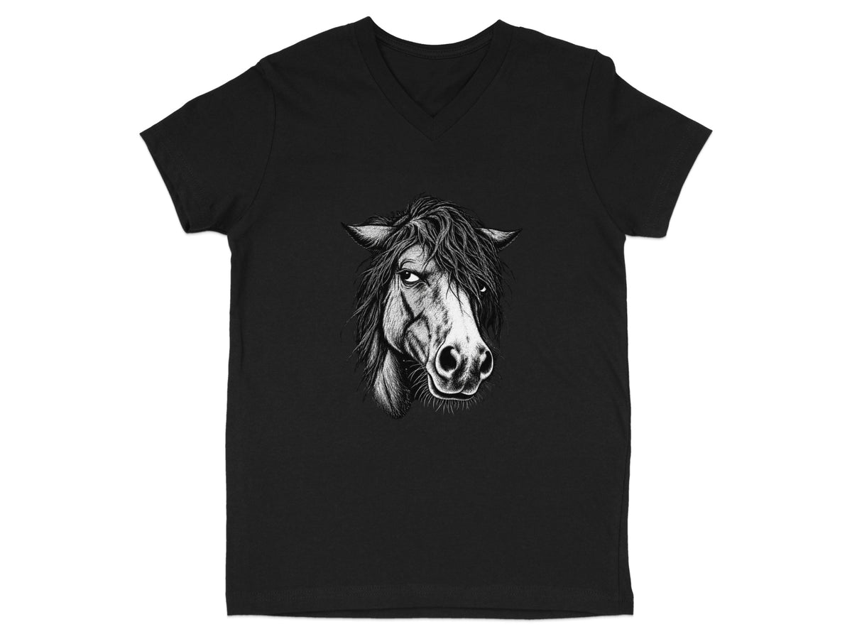 Black v-neck t-shirt with a detailed drawing of a horse's head.