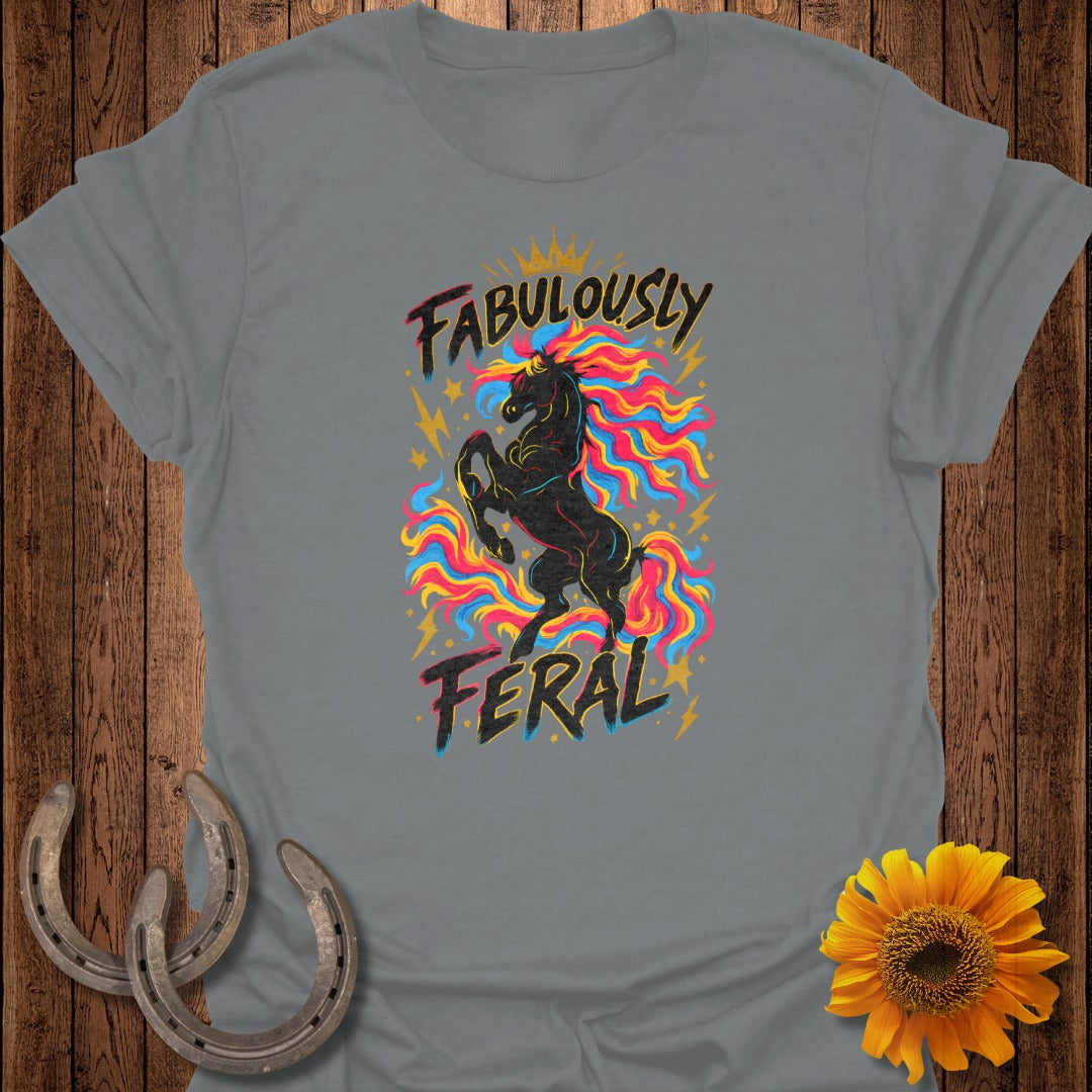 Gray t-shirt with black horse graphic and "FABULOUSLY FERAL" text.