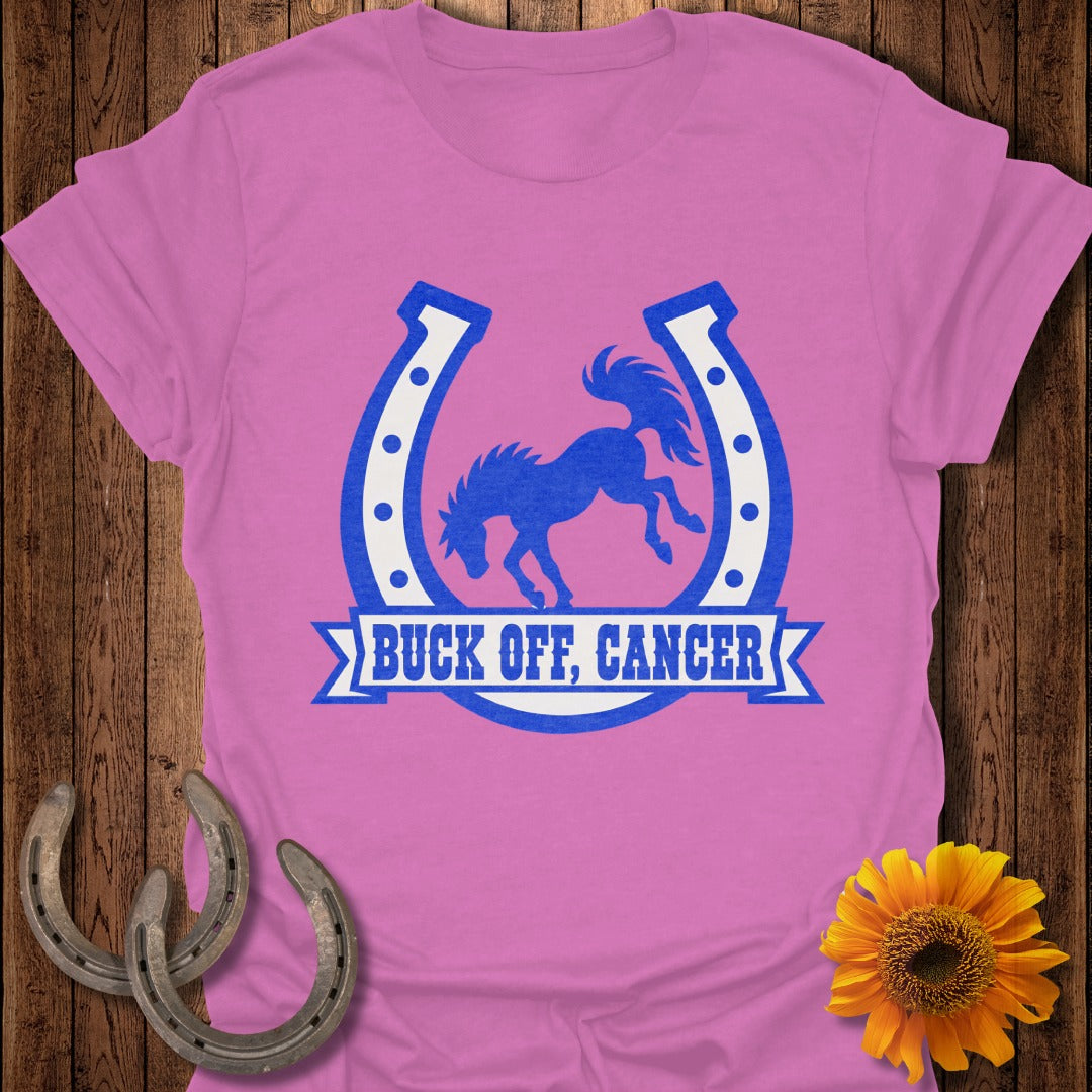 Pink t-shirt with blue horseshoe graphic and "BUCK OFF, CANCER" text.