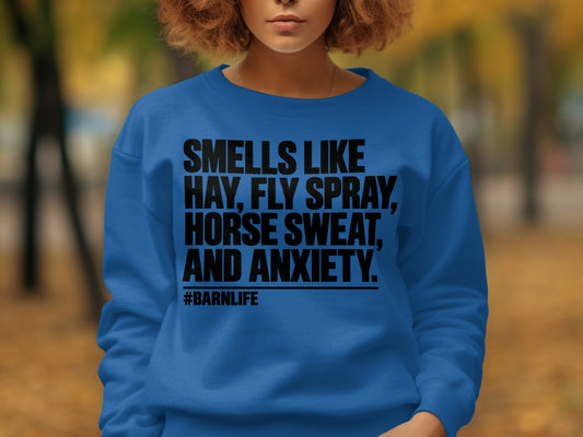Blue sweatshirt with black text "SMELLS LIKE HAY, FLY SPRAY, HORSE SWEAT, AND ANXIETY. #BARNLIFE".