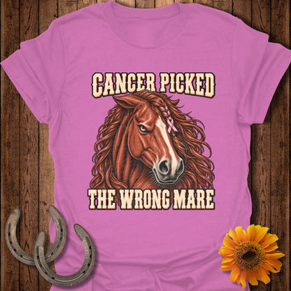 Pink t-shirt with a horse and text: Cancer picked the wrong mare.