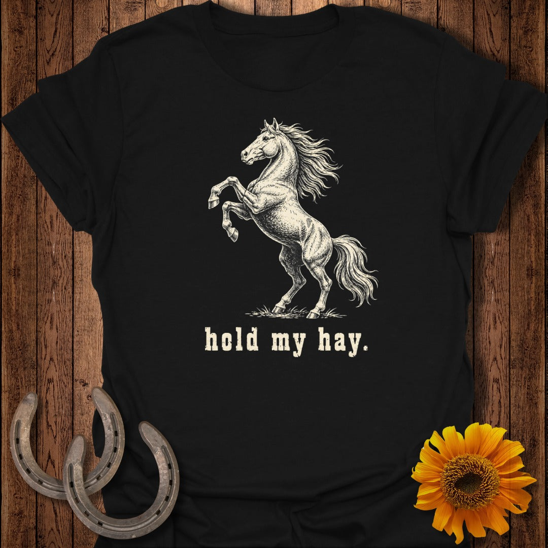 Black t-shirt with a rearing horse graphic and text "hold my hay".