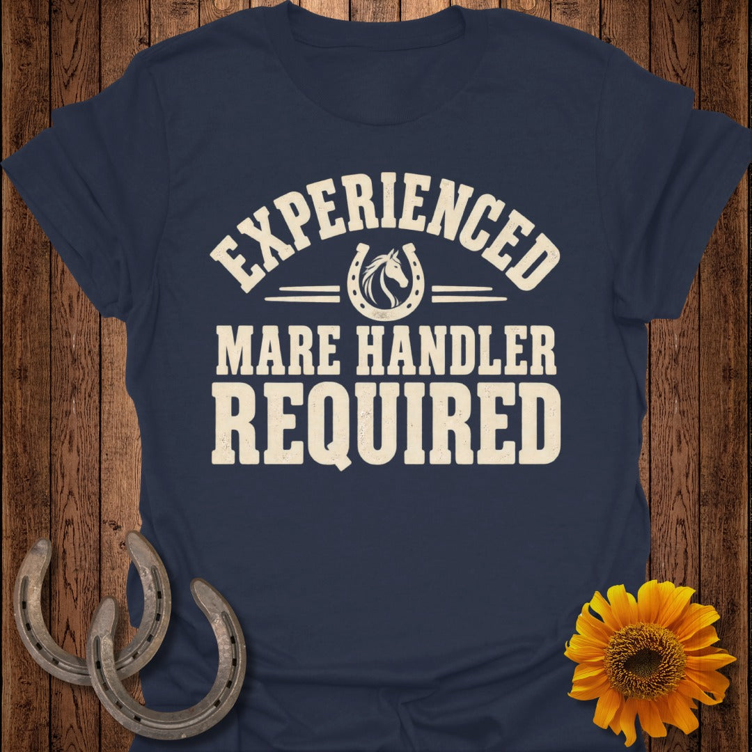 Navy t-shirt with "Experienced Mare Handler Required" text and horse in horseshoe graphic.