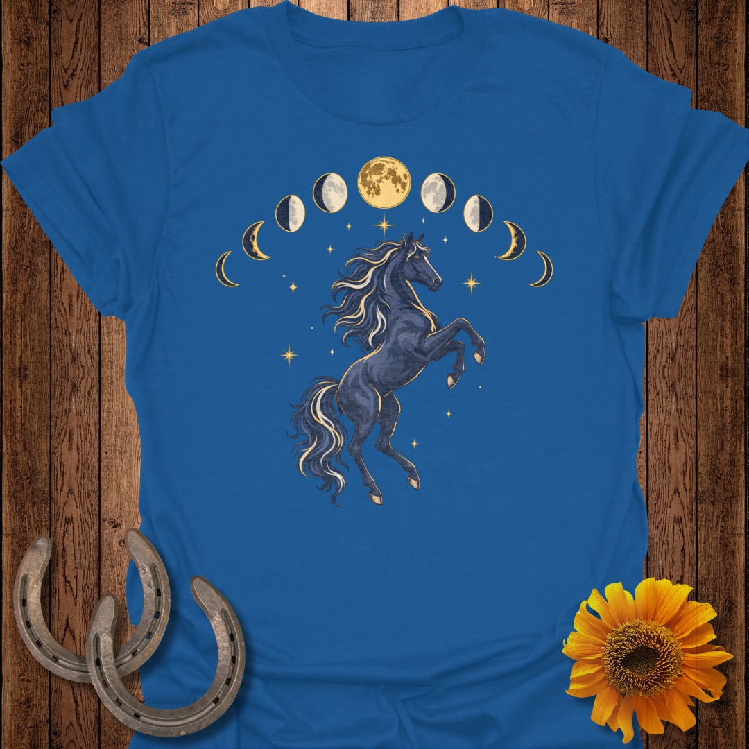 Blue t-shirt with a rearing black horse and moon phases design.