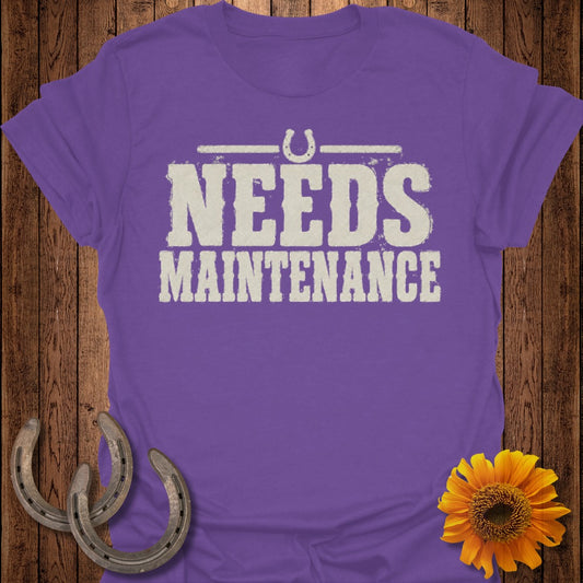 Purple t-shirt with distressed text "NEEDS MAINTENANCE" and a horseshoe graphic.