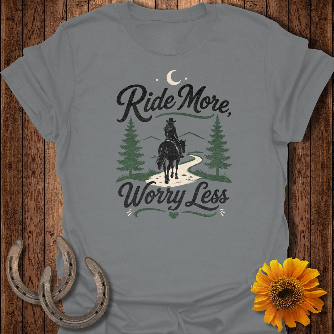 Grey t-shirt with "Ride More, Worry Less" text and a horseback rider illustration.