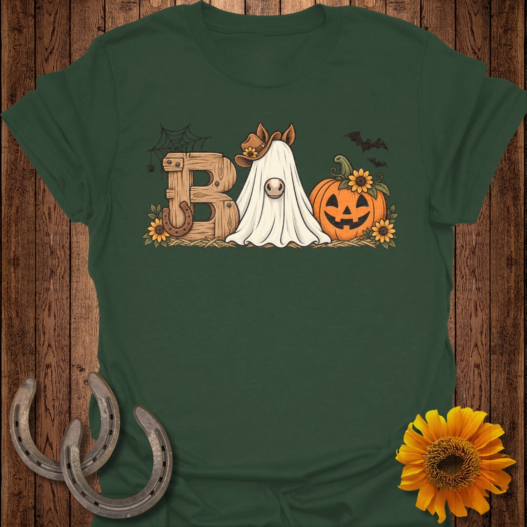 "Boo" text with horse ghost, pumpkin, and sunflowers on a green t-shirt.