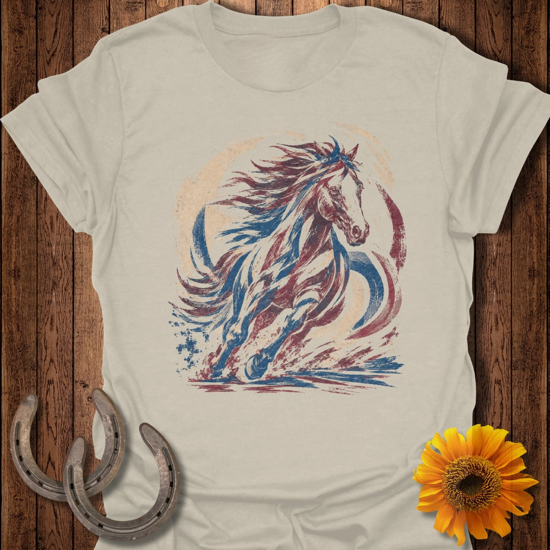 T-shirt with a stylized, galloping horse in red, white, and blue.